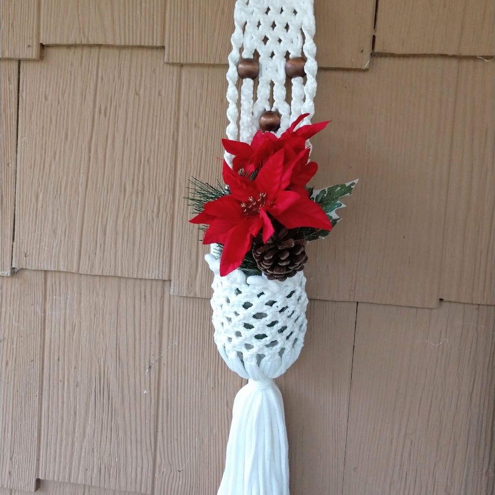 Plant Hanger Hand Crafted Macrame Boho Wall Art Botanical  White Holiday